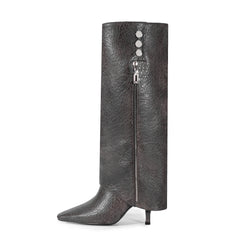 Burgundy Knee High Boots Pointed Toe Zipper Detail High Heel Foldover Boots-Grey
