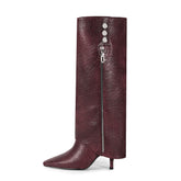 Burgundy Knee High Boots Pointed Toe Zipper Detail High Heel Foldover Boots-Burgundy