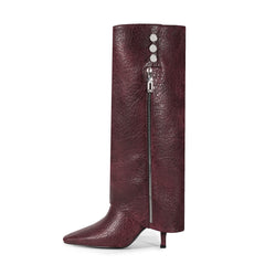 Burgundy Knee High Boots Pointed Toe Zipper Detail High Heel Foldover Boots-Burgundy