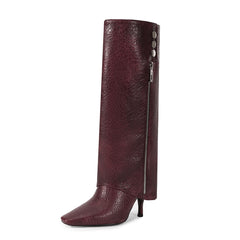 Burgundy Knee High Boots Pointed Toe Zipper Detail High Heel Foldover Boots-Burgundy