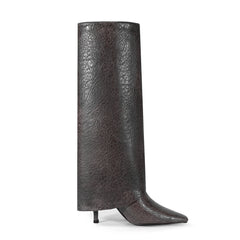 Burgundy Knee High Boots Pointed Toe Zipper Detail High Heel Foldover Boots-Grey