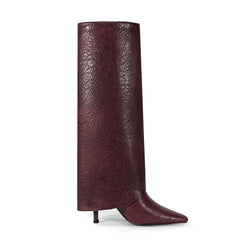 Burgundy Knee High Boots Pointed Toe Zipper Detail High Heel Foldover Boots-Burgundy