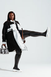 AZALEA WANG OH MY LOVE FAUX LEATHER THIGH HIGH FLATFORM SNEAKER BOOT WITH 4 WAY STRETCH IN BLACK