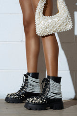 Black Pearl Embellished Combat Bootie