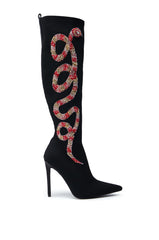 AZALEA WANG ZERAH BLACK EMBELLISHED SNAKE BOOT