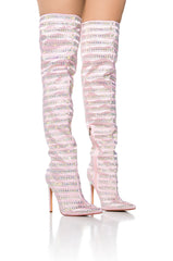 AZALEA WANG CLEARWATER RHINESTONE STRIPED SATIN BOOT IN BABY PINK