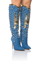 AZALEA WANG ZINNIA EMBELLISHED KNEE HIGH STILETTO BOOT IN DENIM