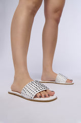AZALEA WANG EMMONS WHITE SPIKY STUD FLAT SANDAL