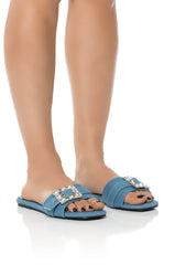AZALEA WANG NIXIE DENIM FLAT SANDAL WITH EMBELLISHMENT