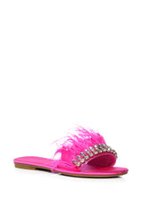 AZALEA WANG FEATHER FLAT SANDAL IN FUCHSIA
