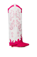 AZALEA WANG OUTLAND WESTERN WEDGE BOOT IN FUCHSIA WHITE