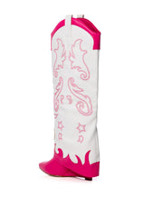AZALEA WANG OUTLAND WESTERN WEDGE BOOT IN FUCHSIA WHITE
