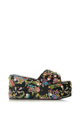 AZALEA WANG RUSSEL EMBELLISHED BROCADE PLATFORM SANDAL IN BLACK