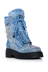 AZALEA WANG TRUFFLED DENIM EMBELLISHED COMBAT BOOTIE
