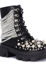 Black Pearl Embellished Combat Bootie