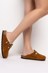 BIRKENSTOCK BOSTON SHEARLING SANDAL IN TAN