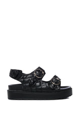 ROSE QUILTED BUCKLE DECOR FLAT SANDAL IN BLACK