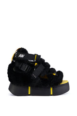 CRANBERRY CAGED BLACK FUZZY FLATFORM SANDAL