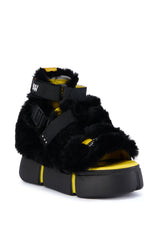 CRANBERRY CAGED BLACK FUZZY FLATFORM SANDAL