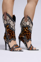 NAYAYE ANIMAL PRINT WESTERN OPEN TOE STILETTO BOOTIE