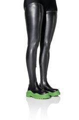 AZALEA WANG NAOMI THIGH HIGH STRETCH FLATFORM BOOT IN GREEN