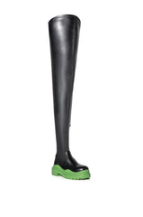 AZALEA WANG NAOMI THIGH HIGH STRETCH FLATFORM BOOT IN GREEN