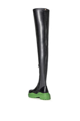 AZALEA WANG NAOMI THIGH HIGH STRETCH FLATFORM BOOT IN GREEN