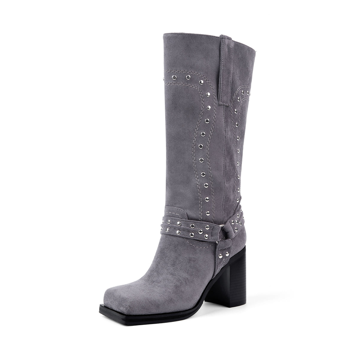 Western-Motorradstiefel mit Plateausohle und klobigem Absatz, wadenlang, Staubblau 