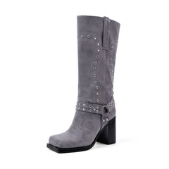 Western-Motorradstiefel mit Plateausohle und klobigem Absatz, wadenlang, Staubblau 