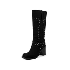 Western-Motorradstiefel mit Plateausohle und klobigem Absatz und mittlerer Wadenhöhe - Schwarz 