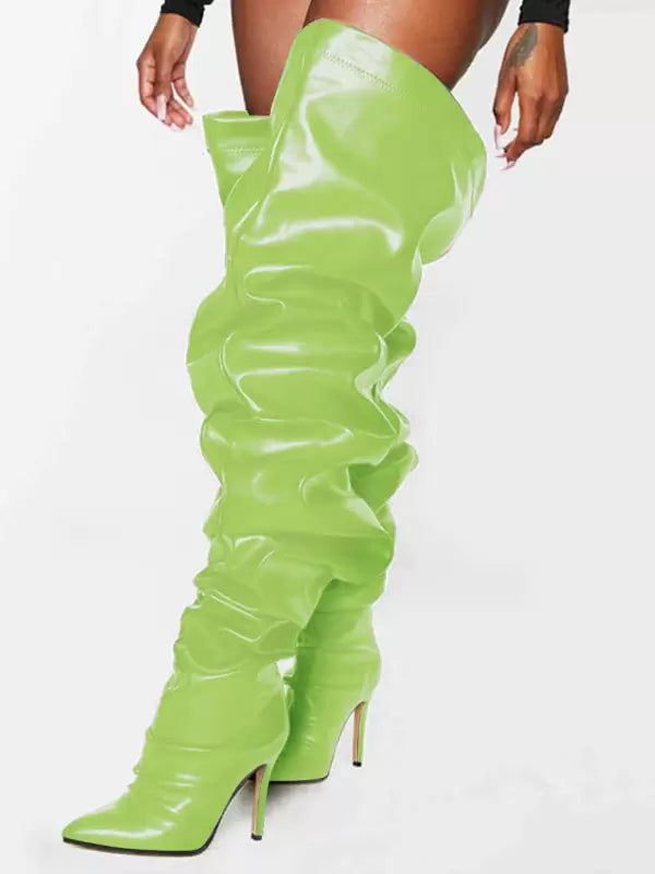 Women's Wide Slouch Pleated Thigh High Heel Boots