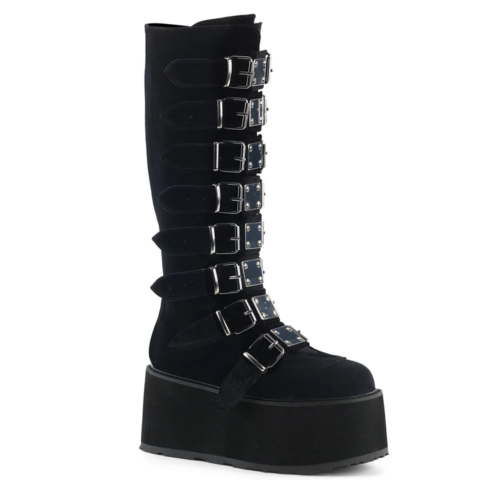 Gothic chic with space-age shimmer Damnedknee-high boots