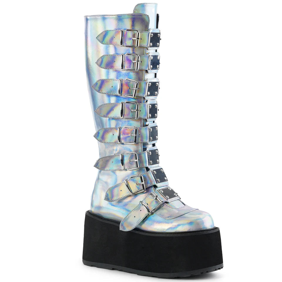 Gothic chic with space-age shimmer Damnedknee-high boots