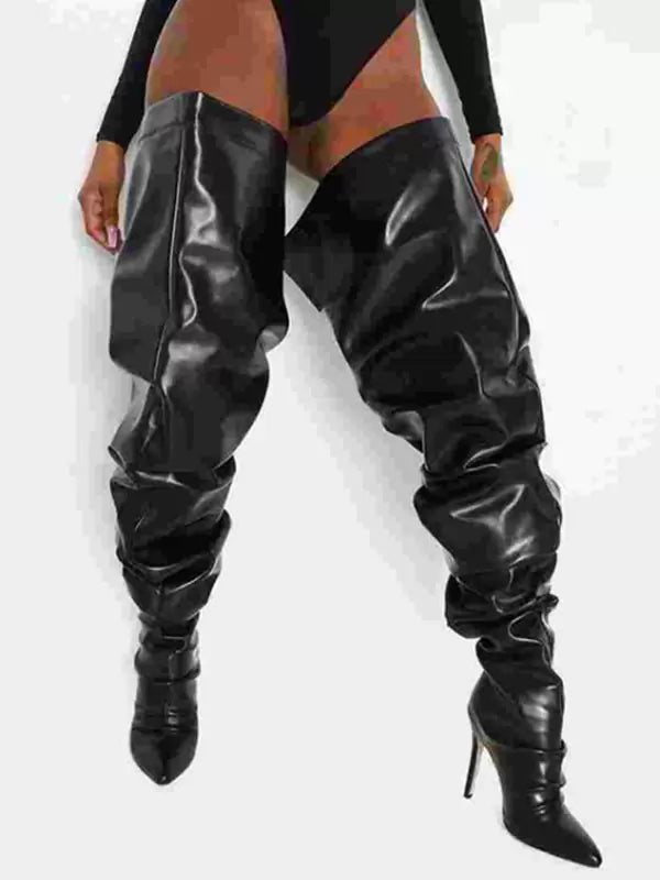 Women's Wide Slouch Pleated Thigh High Heel Boots