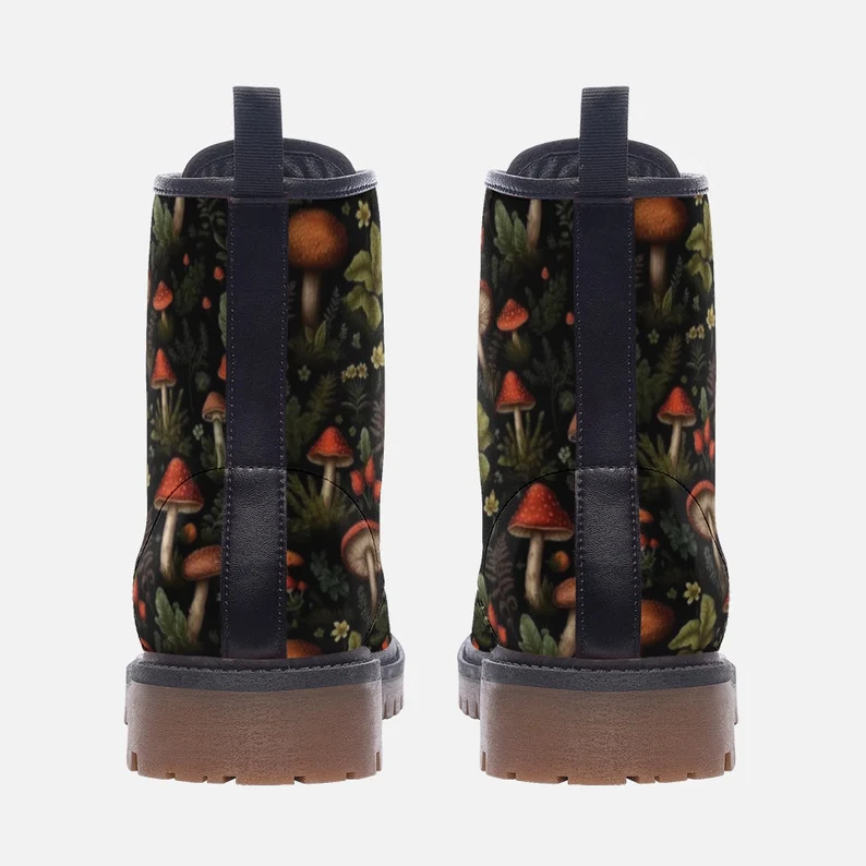 Vegan Leather Combat Boot- Dark Forest Mushrooms