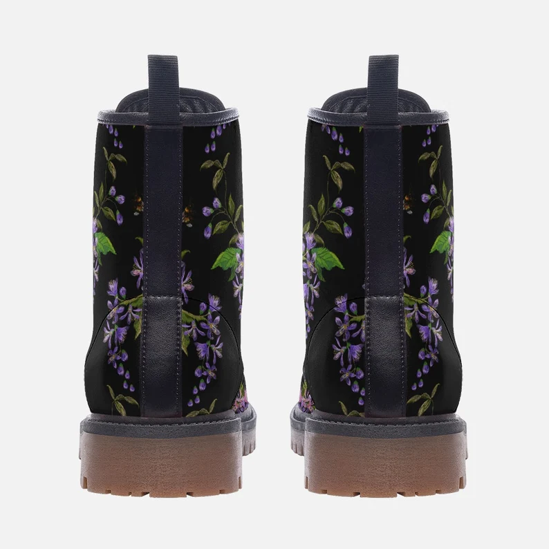 Vegan Leather Combat Boot- Dark Floral