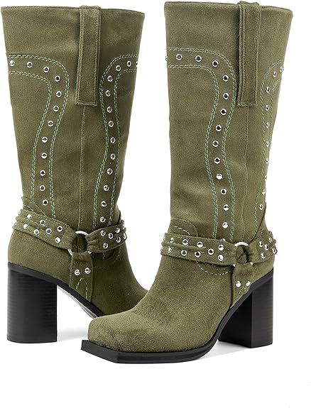 Chunky Heel Mid Calf Western Platform Motorcycle Boots-Green