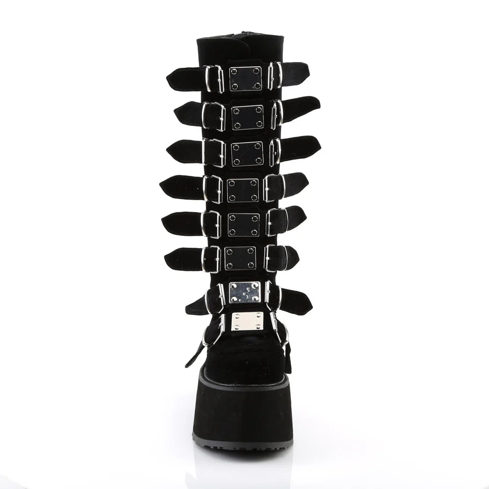 Gothic chic with space-age shimmer Damnedknee-high boots