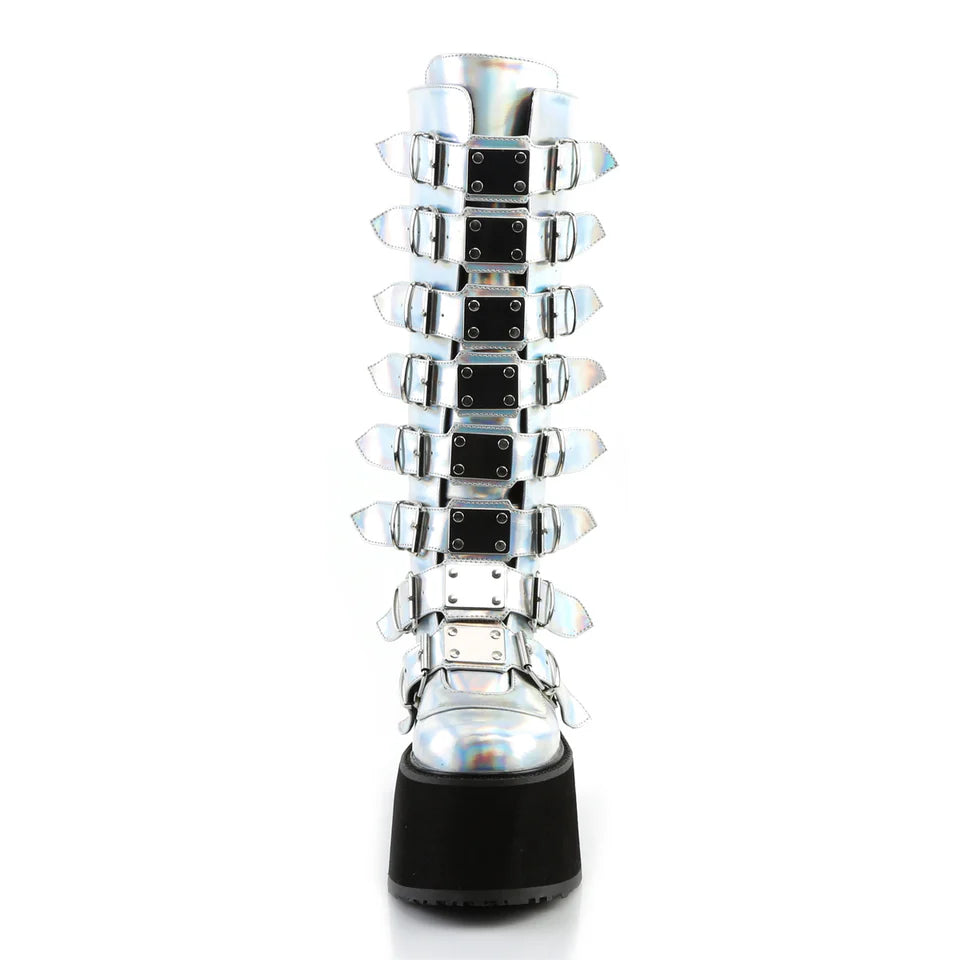 Gothic chic with space-age shimmer Damnedknee-high boots