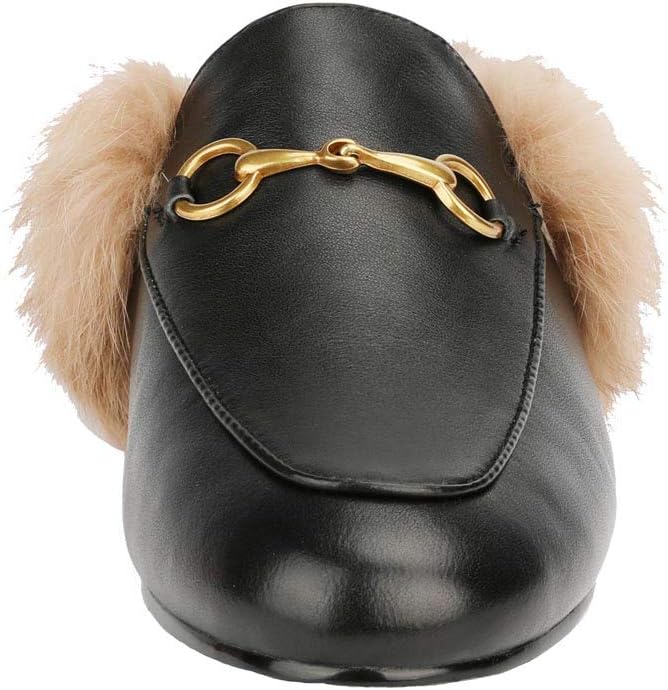 Fur Comfortable Leather Buckle Mules-Black
