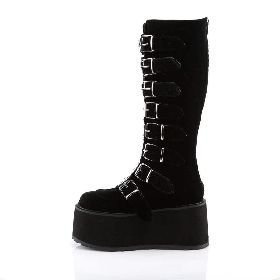 Gothic chic with space-age shimmer Damnedknee-high boots