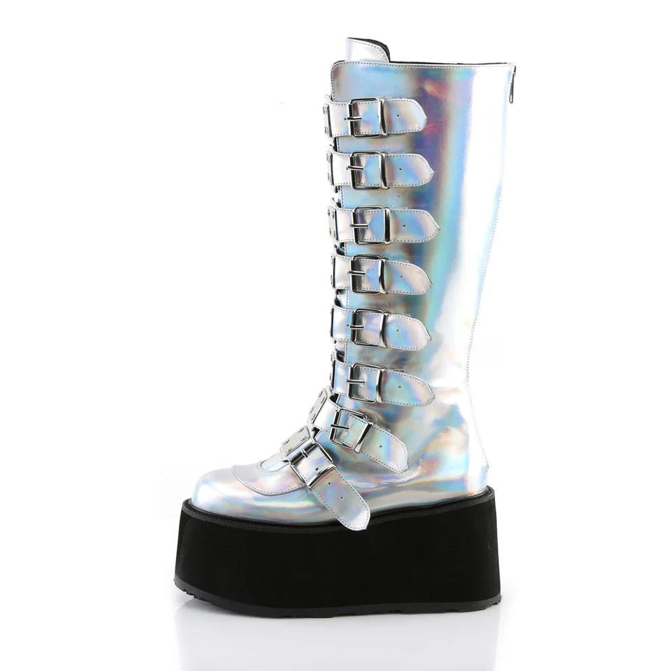 Gothic chic with space-age shimmer Damnedknee-high boots