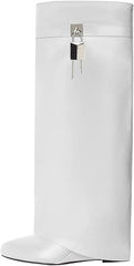 Fold Over Knee High Covered Wedge Heel  Party Boots-White