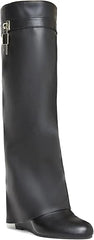 Fold Over Knee High Covered Wedge Heel  Party Boots-Black