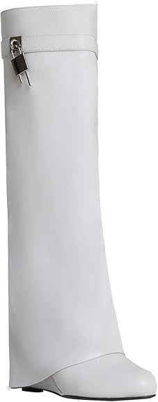 Fold Over Knee High Covered Wedge Heel  Party Boots-White