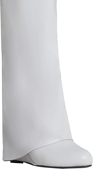 Fold Over Knee High Covered Wedge Heel  Party Boots-White