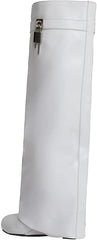 Fold Over Knee High Covered Wedge Heel  Party Boots-White