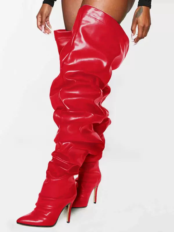 Women's Wide Slouch Pleated Thigh High Heel Boots