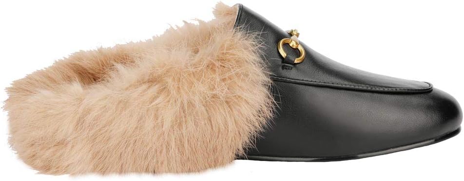 Fur Comfortable Leather Buckle Mules-Black