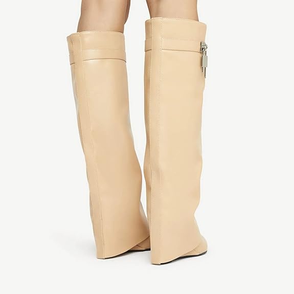 Fold Over Knee High Covered Wedge Heel  Party Boots-Apricot